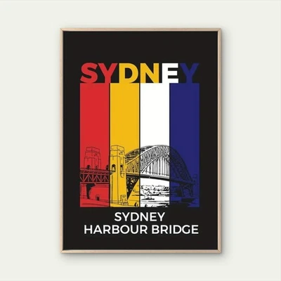 Sydney Harbour Bridge Red, Yellow, Blue & White Travel Poster Choose Your Size - Image 1 of 2