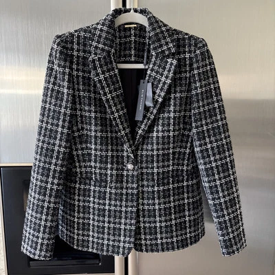 Elie Tahari твидовый блейзер на одной пуговице мульти черный белый люрекс XS новый с Ярлыками $345 - Изображение 1 из 4