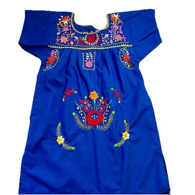 Мексиканское платье размер 4/5? Девочки ручной работы богемное синий цветочный вышивка пуэбла - Изображение 1 из 4