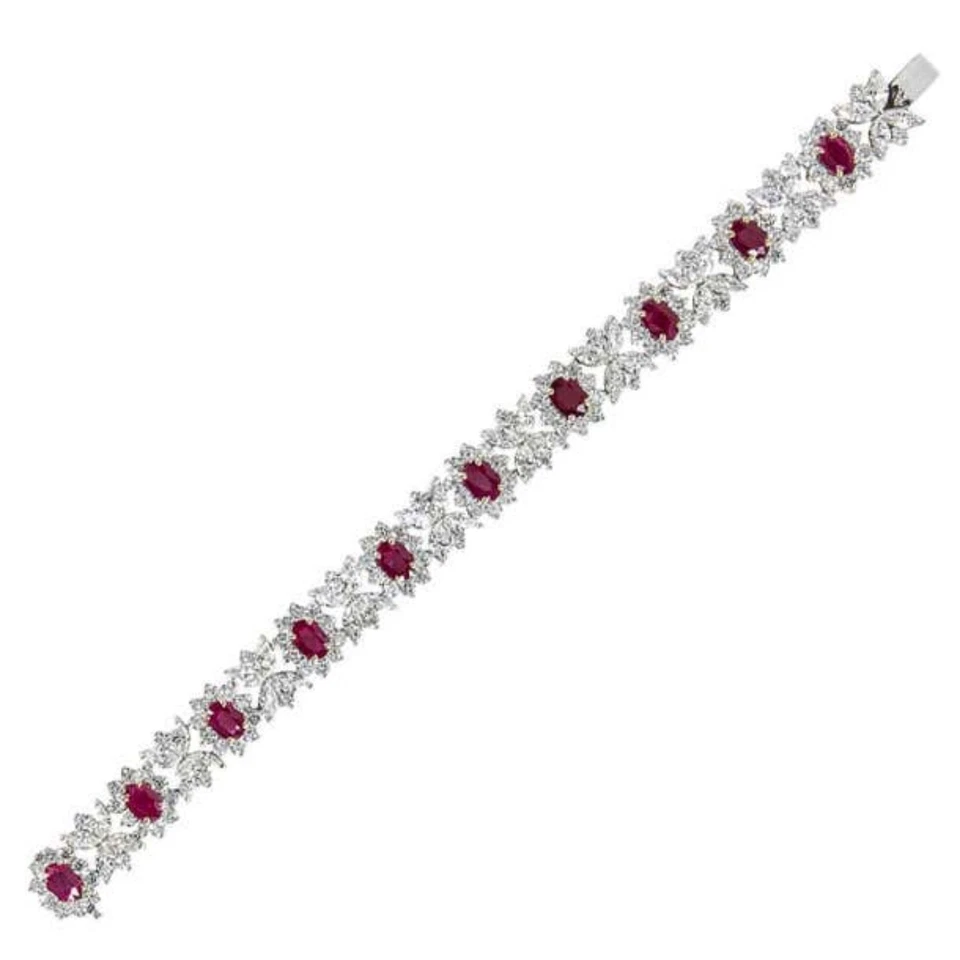 8ct D VVS1 Luxury Fine Burma Ruby Moissanite Bracelet 7Inch 14k White Gold Over - Image 1 of 4