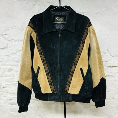 Chaqueta de bombardero Scully Western de cuero gamuza abrigo ranchero negro y tostado XL vintage Foto 1 de 4