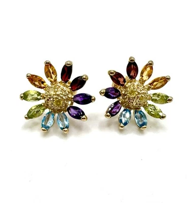 10k Yellow Gold Multi Gemstone And Yellow Diamond Flower Earrings - Image 1 of 4