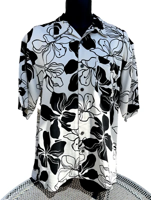Bobby Chan шелк Aloha рубашка тропический черный и белый цветочный короткий рукав размер M - Изображение 1 из 4