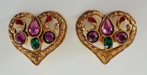 CHRISTIAN LACROIX Multicolored Gold Open Work Heart Clip On Earrings, Vintage - Picture 1 of 5