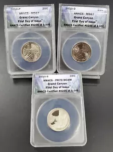3 MÜNZSET 2010 P D S Quarter 25c Grand Cany Ersttagsausgabe ANACS MS67 PF70 ATB - Bild 1 von 2