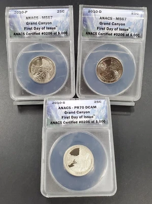 3 COIN Set 2010 P D S Quarter 25c Grand Cany First Day Issue ANACS MS67 PF70 ATB - Image 1 of 2