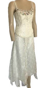 Ivory Lace Corset Top with Pastel Roses, Ivory LaceHandkerchief Skirt, Size 8 - Picture 1 of 12