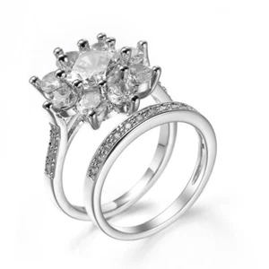 Mujeres Moda Flor Blanco Circonio Banda Circonia Plata 925 Boda Fiesta Anillos Juegos Talla 6-10 - Imagen 1 de 10