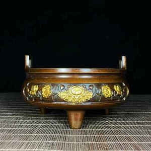 Chinese Pure Copper Gilded Handmade Double Ears Lotus Incense Burner 4488 - Picture 1 of 9