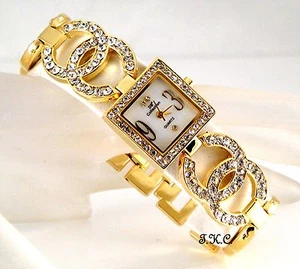 Clásico Chapado Oro Diseñador Doble Beso Reloj Con Espumoso Cristales Swarovski - Imagen 1 de 12