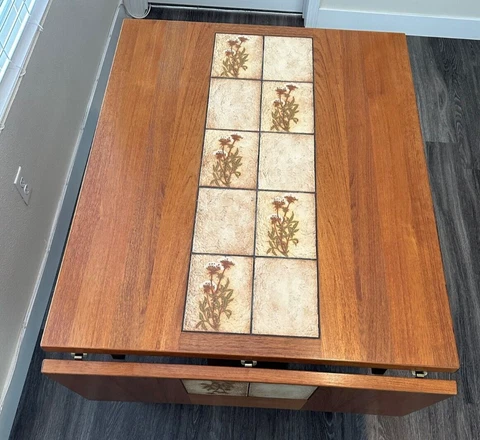Vintage Teak Wood Botanical Tile Drop Leaf Trestle Dining Table (Gangso Mobler?) Cover