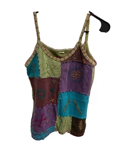 Patchwork Embroidered Scoop Neck Tank Top Multicolor Hippie Y2K Art To Wear - Picture 1 of 8