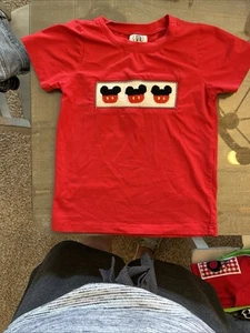 Smocked Disney Mickey Mouse Red T- Shirt Size 5 Unisex - Picture 1 of 1