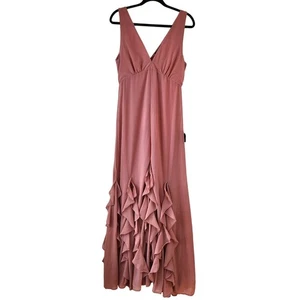 Nuevo con etiquetas Maxi Vestido Lulus Alorna Rosa Rosa Sin Mangas Volantes Damas de honor Para Mujer L - Imagen 1 de 12