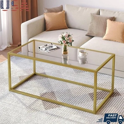Gold Glass Coffee Table Rectangular Minimalist Center Table Living Room Office - Image 1 of 4