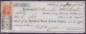 Stock Receipt w/ Revenue Stamp Agricultural Branch RR Fitchburg MA 6 1865 10sh - Photo 1/1
