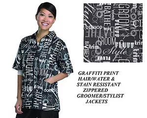 GRAFFITI Black Print STYLIST BARBER GROOMER JACKET Coat Hair Water Resistant - Picture 1 of 4