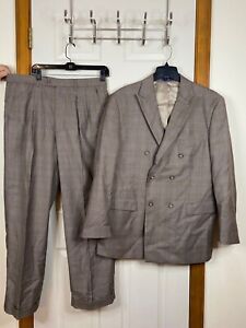 VINCI Italy Light Brown Plaid 2 Pcs Suit Jacket 42R 6 Button Blazer 36x30 Pants