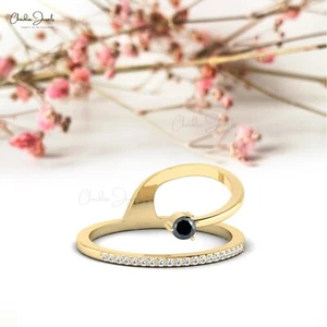 Women’s 14k Gold Ring 3mm Black Diamond & White Diamond Open Cuff Wedding Gift - Picture 1 of 23