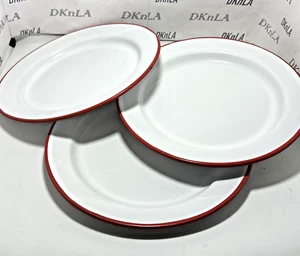 Set of 3 9" Round Enamelware Metal Classic Dinner Plates, Solid White/Red Rim - Picture 1 of 10