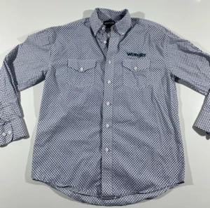 Wrangler Mens M Embroidered Logo Long Sleeve Button up Shirt - Blue Geometric - Picture 1 of 13