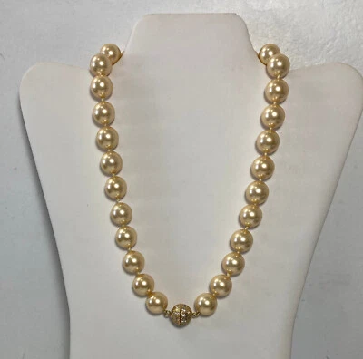 CHAMPAGNE FAUX  PEARL 19.5” NECKLACE, HAND-KNOTTED, M &N, 925 CZ PAVE BALL CLASP - Image 1 of 4