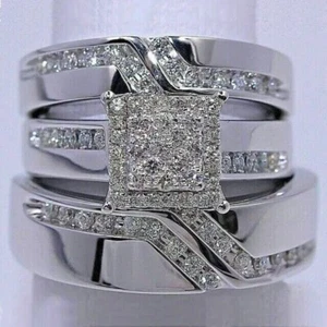 2ct Round Lab-Created Diamond Engagement Trio Ring Set 14K White Gold Plated - Picture 1 of 5