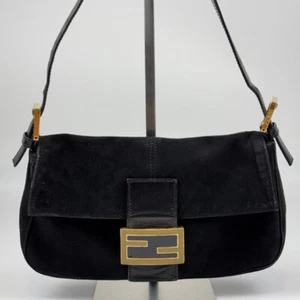 Auth FENDI Mamma Baguette Suede Black Gold Vintage z91 - Picture 1 of 22