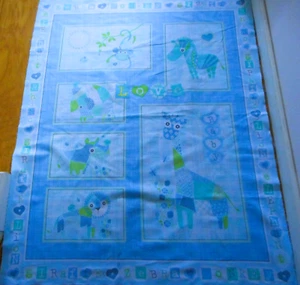Baby Quilt Fabric Panel CLEARANCE Patchwork Animals Names Blue Green Cotton - Picture 1 of 3