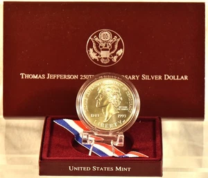 1993 Thomas Jefferson 250th Anniversary Silver Dollar UNC in Original Box w/COA - Picture 1 of 5