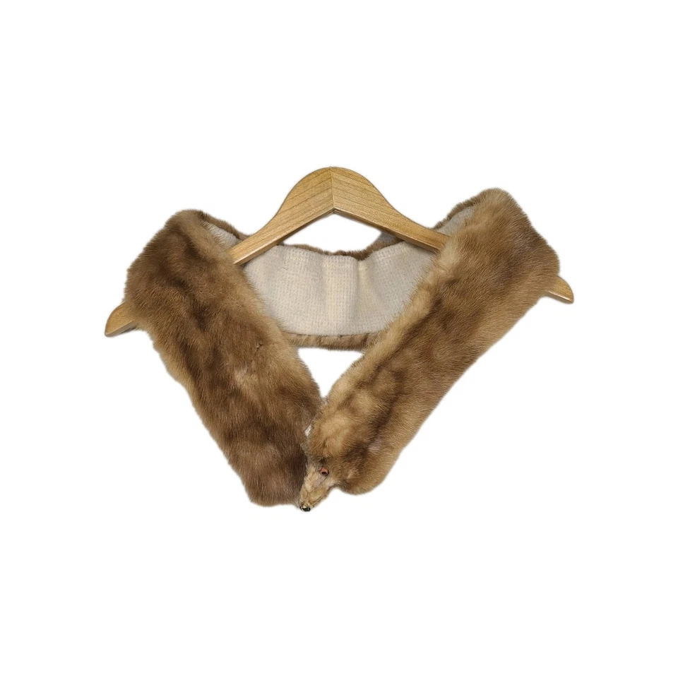 Vtg 60s Blonde Mink Fur Wool Backed Collar Tan Two Whole Pelts Genuine Pinup - Image 1 of 4