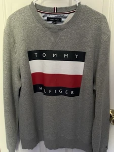 Tommy Jeans Flag Sweatshirt Hilfiger Gray Spell Out Crew Neck Pullover Large - Picture 1 of 6