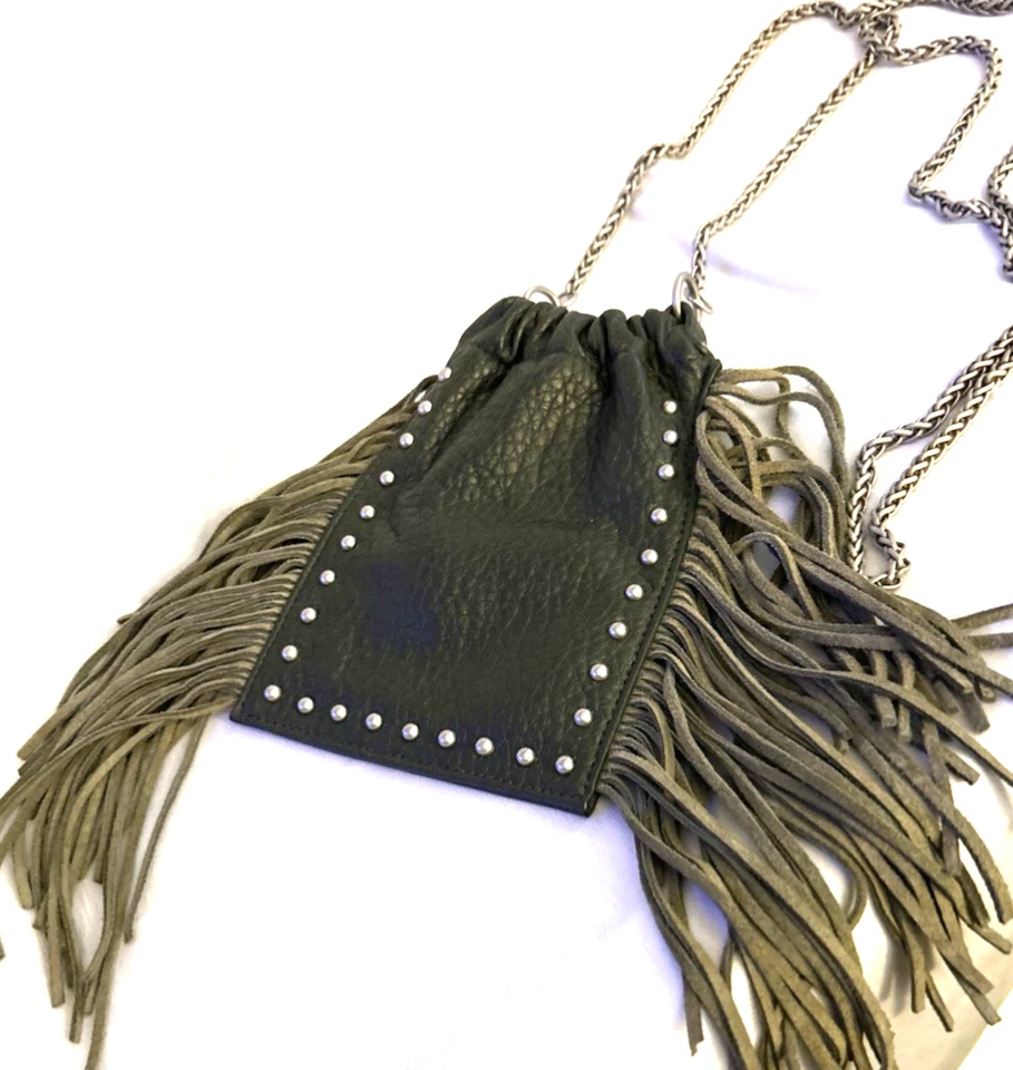 DV Boho Suede Fringe Purse Chain Strap Bag Leather? Studded Western Small Green - Image 1 of 4