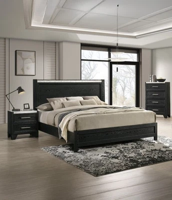 3pc Black King Size Panel Bed Chest Nightstand Set White Faux Marble Accent - Image 1 of 4