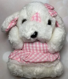 Vtg White Puppy Dog Stuffed Plush Soft Toy 6” Pink Gingham Bow Dress Black Eyes - Picture 1 of 4
