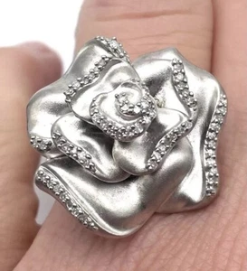 Sterling Silver 925 Bold Flower Cocktail Ring With Crystals Rose SZ 7 - Picture 1 of 9