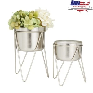 Metal Planter Set W/ Removable Stand Indoor Decor Modern Design 2 Count Silver - Picture 1 of 8