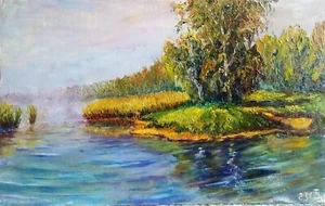 Dipinto ""Shore"". Olio su cartone. Coltello pallet. 8x12 pollici Fatto a mano. 2023. - Foto 1 di 1