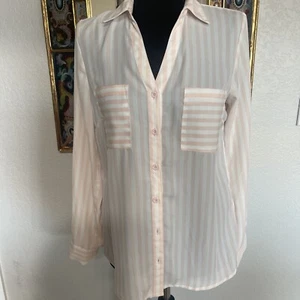 My Michelle Button Down Blouse Sz M Pink/Wh Stripes TOP Poly EUC Great 4 Spring! - Picture 1 of 8