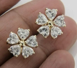 2.50Ct Heart Cut Lab Created Diamond Flower Stud Earrings 14K Yellow Gold Plated - Picture 1 of 6