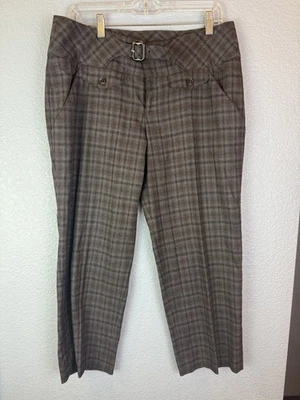 Cartonnier Pants Womens 12 Brown Plaid Wide Leg Belted Wool Blend Anthro Career - Image 1 of 4