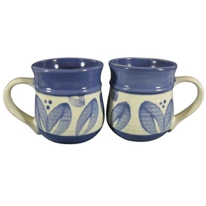 Pfaltzgraff Villa Flora Coffee Mugs Lot of 2 Barrel Shaped Mexico Blue Leaves - Picture 1 of 4