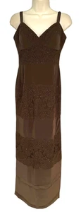 Damen Festliches Maxikleid Pailletten & Spitze Gefüttert BH Cups Rückenschlitz Gr. S Braun - Bild 1 von 7