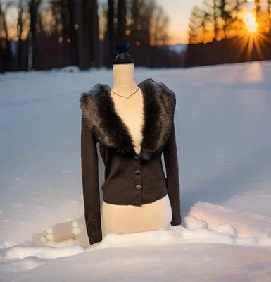 Cárdigan Loft Cuello Piel Sintética Marrón Abotonado Cottagecore Glam De Colección M Foto 1 de 4