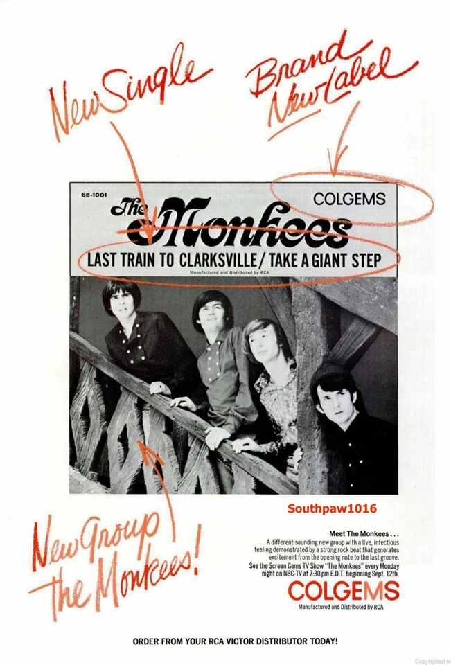 1966 The Monkees "Last Train To Clarksville" Release Industry Promo Reprint Ad - Image 1 of 1