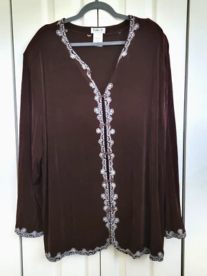 Vikki Vi 3X Brown Jacket Slinky Hook Closure Embroidered LS Vintage Shoulder Pad - Image 1 of 4