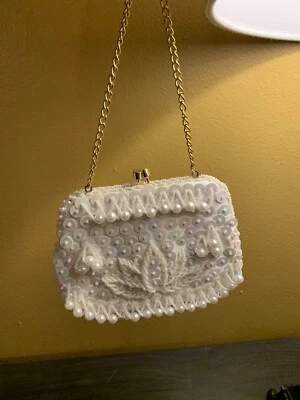 Handmade Hong Kong Beaded Evening Purse Mini Beads Prisms Sequins 6x4.5" - Image 1 of 4