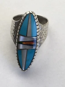 Women Navajo Multicolor Opal & Turquoise Inlay Sterling Silver Ring Size 8 01593 - Picture 1 of 12