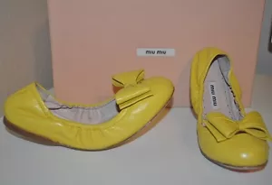 NIB Miu Miu By Prada BOW Ballet Flats Shoes Yellow Leather Scrunch EUR 36 - Picture 1 of 6