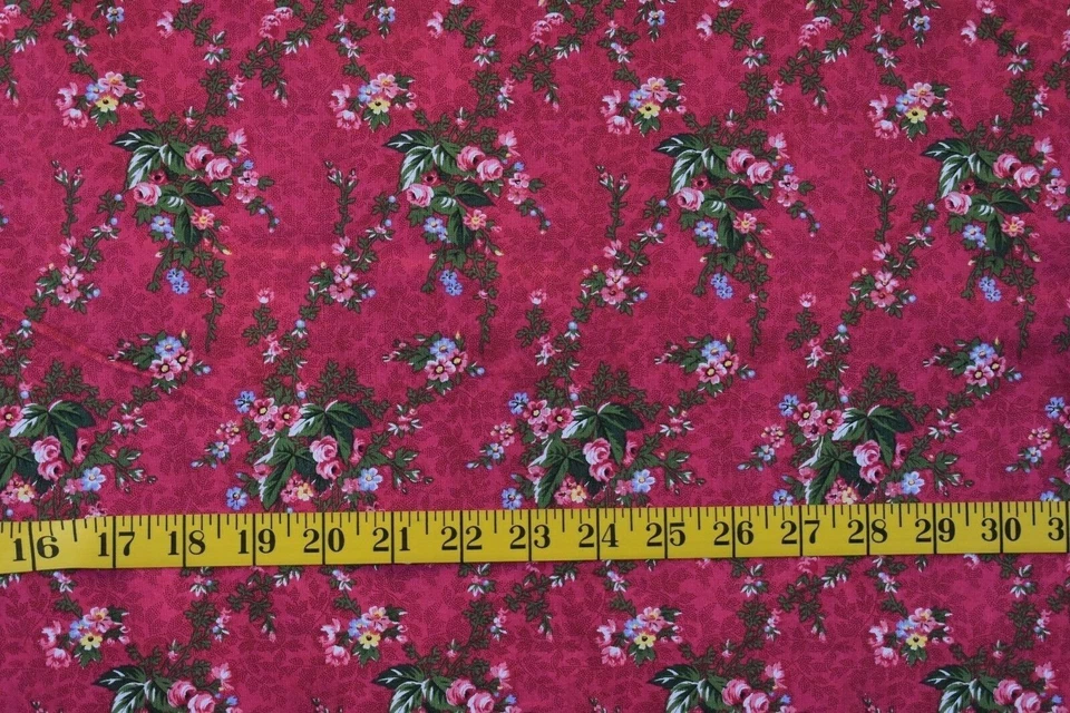 ROSES VINE  BOUQUETS ON BURGUNDY  100% COTTON FABRIC  26X43 INCHES - Image 1 of 1